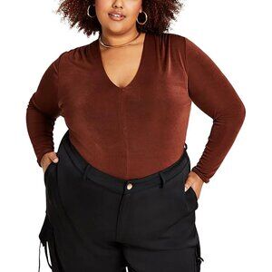 NWT Nina Parker Plus Size Brown V-Neck Fitted Blouse Long Sleeve 0X